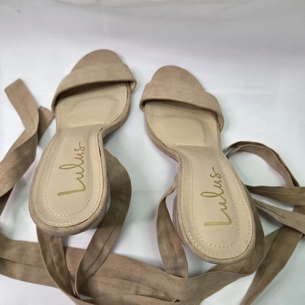 Lulus Alta Light Nude Faux Suede Lace-Up Heels Sz 7.5 Chic Flirty Party Feminine